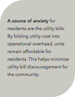  A source of anxiety for residents are the utility bills. By folding utility cost into operational overhead, units remain affordable for residents. This helps minimize utility bill discouragement for the community. 