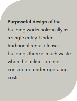  Purposeful design of the building works holistically as a single entity. Under traditional rental / lease buildings there is much waste when the utilities are not considered under operating costs. 